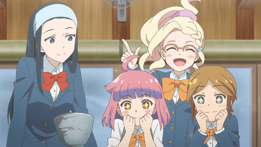 Himeno Toyokawa and her friends admire a hand-thrown clay bowl in a scene from the Let's Make a Mug Too TV anime.