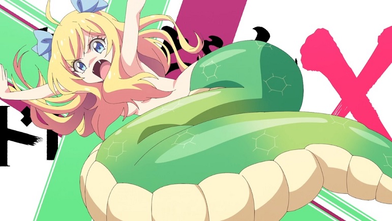 Jashin-chan performs a flying dropkick with her serpentine lower body in a scene from the opening credit animation of the Dropkick on My Devil! TV anime.
