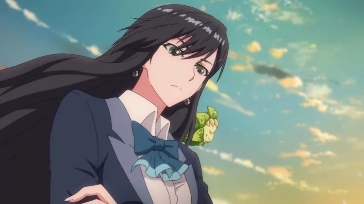 Hana poses dramatically with her familiar - a small creature that looks like a fanged flower - in a scene from the upcoming Japanese dubbed version of The Last Summoner TV animation.
