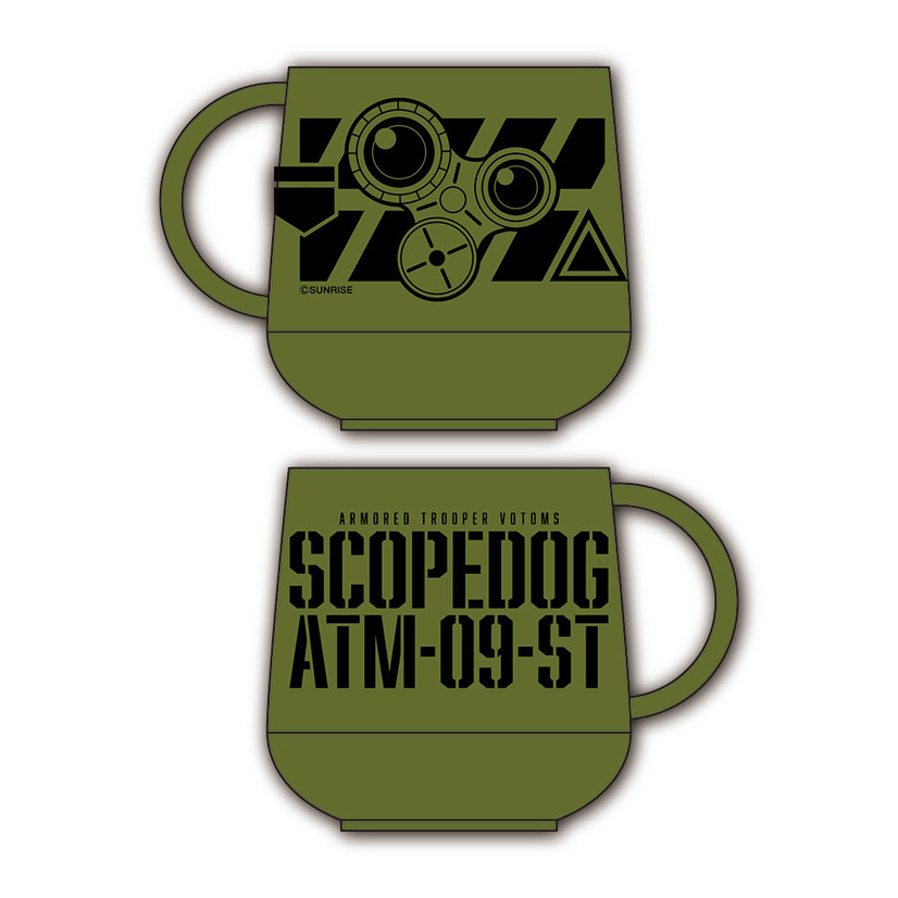 A promotional image for the Scopedog-themed Plathermo Mug, one of the character goods available via the Armored Trooper VOTOMS art exhibition, which runs from March 04 - 14, 2021, at the Gallery of Hakaba venue in Nakano Broadway, Nakano Ward, Tokyo, Japan.