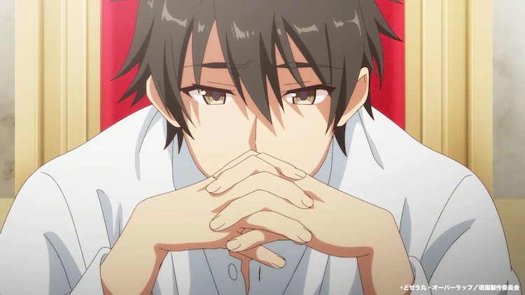With his fingers criss-crosed in front of his face, protagonist Kauzya Souma contemplates his plan for governing in a scene from the upcoming How a Realist Hero Rebuilt the Kingdom TV anime.