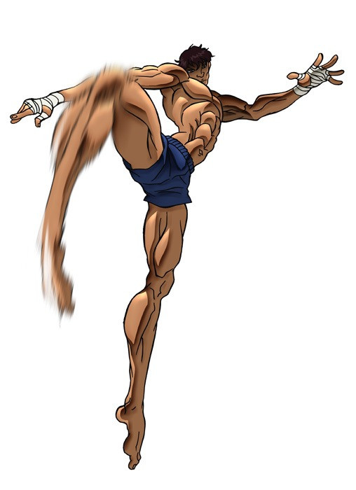 A character visual of Sea King Samwan, a wiry martial artist in sports trunks delivering a devastating Muy Thai kick, from the upcoming Baki anime.