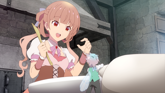 With assistance of a tiny fairy, Ann Halford mixes up a confection in a kitchen with a stone oven in a scene from the Sugar Apple Fairy Tale TV anime.