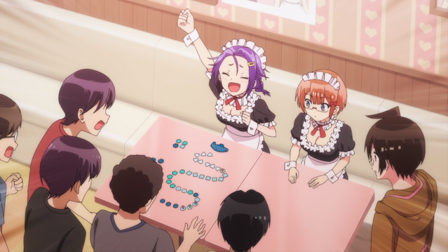Rizu and Asumi play the Deep Sea Adventure board game while working in a maid cafe in a scene from the 7th episode of the 2nd season of the We Never Learn: BOKUBEN TV anime.