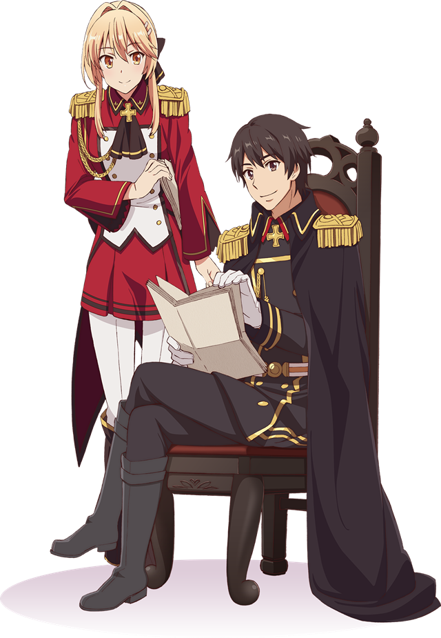 Ein Key Visual für den kommenden Anime How a Realist Hero Rebuilt the Kingdom TV, in dem die Hauptfiguren Kazuya Souma und Liscia Elfrieden miteinander beraten.  Liscia trägt eine aufwändige rot-weiße Militäruniform und beugt sich vor, während sie Papierkram trägt, während Kazuya eine ähnliche schwarz-goldene Militäruniform trägt, während er auf einem Thron sitzt und einen Stapel Papiere durchwühlt.