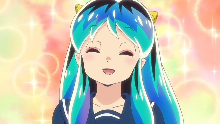 Dressed in an Earthling school uniform, Lum Invader offers a tender smile in a scene from the ongoing Urusei Yatsura TV anime.