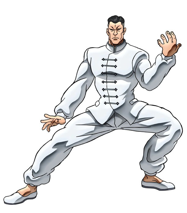 A character visual of Sea King Li, a martial artist in pristine white Chinese clothes, from the upcoming Baki anime.