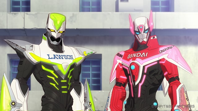 Wild Tiger and Barnaby Brooks Jr. are surprised by the arrival of new heroes in a scene from the upcoming TIGER & BUNNY 2 anime.