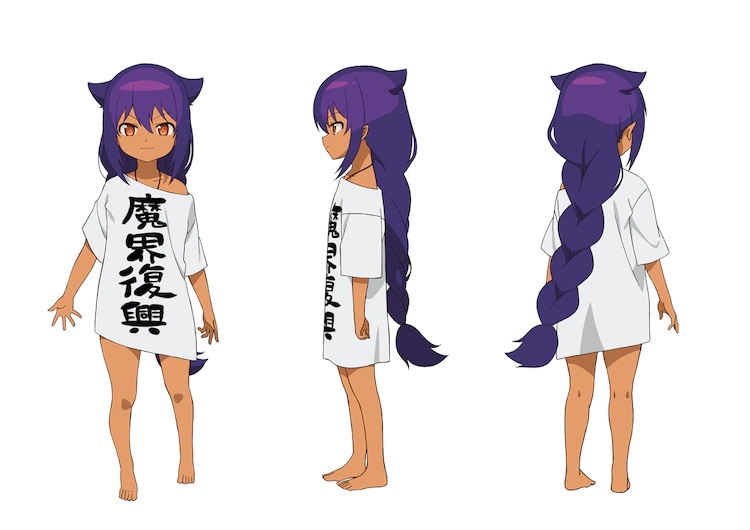 A character setting of Jahy in her little girl form from the upcoming The Great Jahy Will Not Be Defeated! TV anime. Jahy appears as a small child with tanned skin, amber eyes, purple hair shaped like cat ears. She wears an over-sized T-shirt.