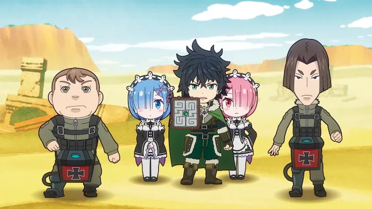 Flanked by two soldiers from Saga of Tanya the Evil, Naofumi from The Rise of the Shield Hero tries to protect Rem and Ram from Re:ZERO -Starting Life in Another World- with his shield in a scene from the Isekai Quartet the Movie: Another World theatrical anime film.