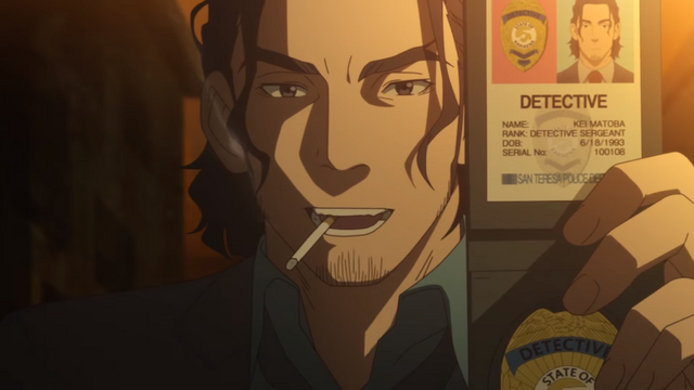 Detective Kei Matoba flashes his badge as he prepares to bust a fairy-smuggling ring in the Cop Craft TV anime.