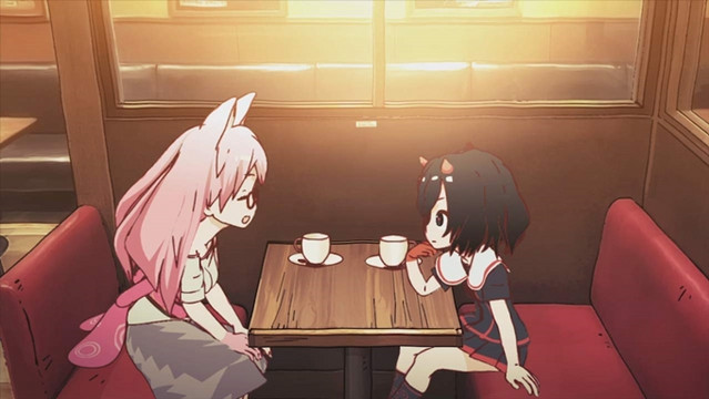 Neko and Oni share a cup of tea at a trendy cafe in Nakano Broadway in a scene from the Hentatsu short film series.