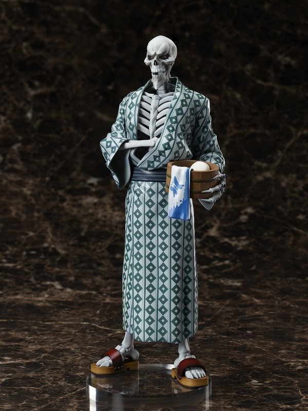 A promotional image of the Ainz Ooal Gown 1/8 scale yukata figure, featuring the undead lich overlord Ainz Ooal Gown dressed in a summer kimono and sandals while carrying a wooden tub filled with soap, a towel, and bath supplies.