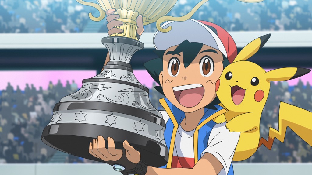ash ketchum holding a trophy and cheering with pikachu on his shoulder in pokemon