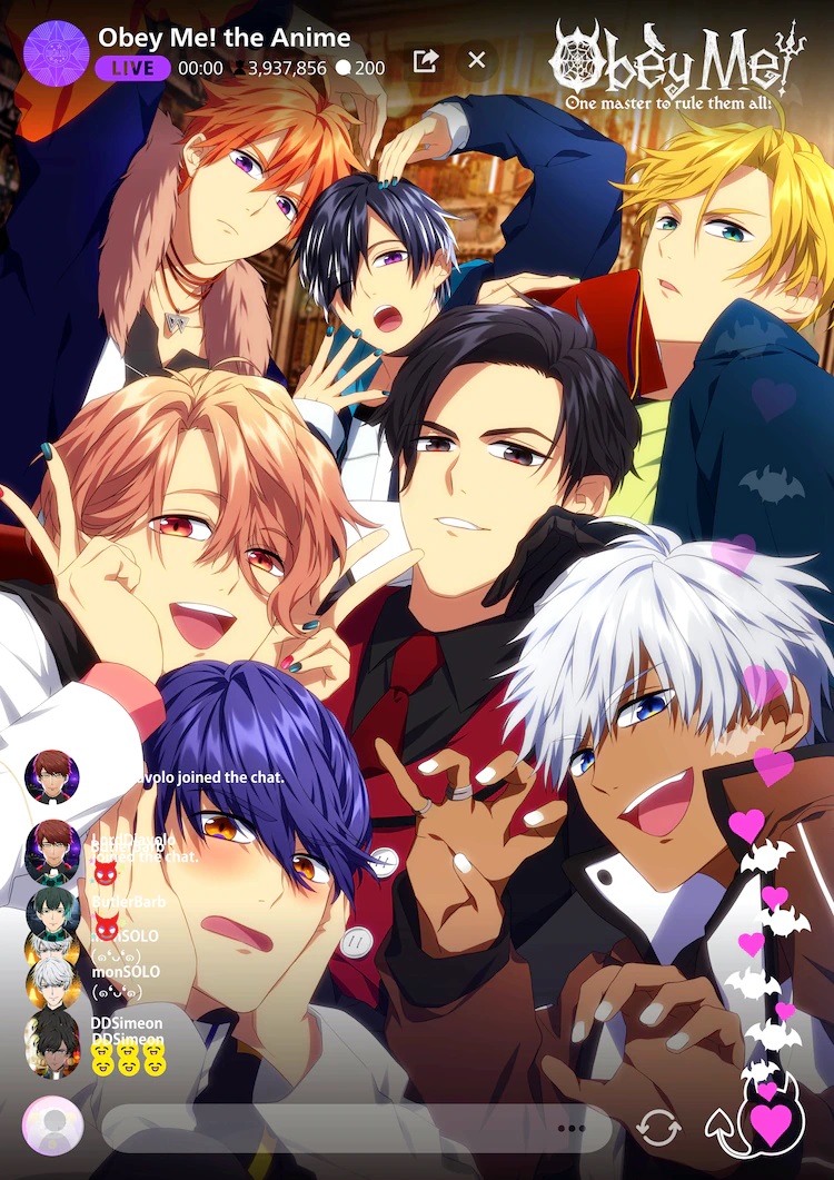 A key visual for the upcoming "Obey Me!" TV featuring the seven devil brothers posing for a selfie in smart phone group video chat.