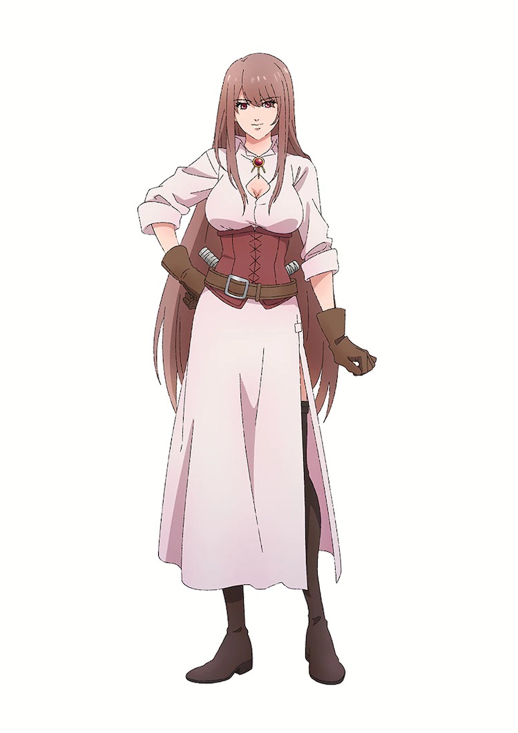Eine Charaktereinstellung von Thief, einer Abenteurerin mit langen braunen Haaren in Lederrüstung und oberschenkelhohen Stiefeln mit einem Paar Dolchen auf dem Rücken, aus dem kommenden TV-Anime Dragon Goes House-Hunting.
