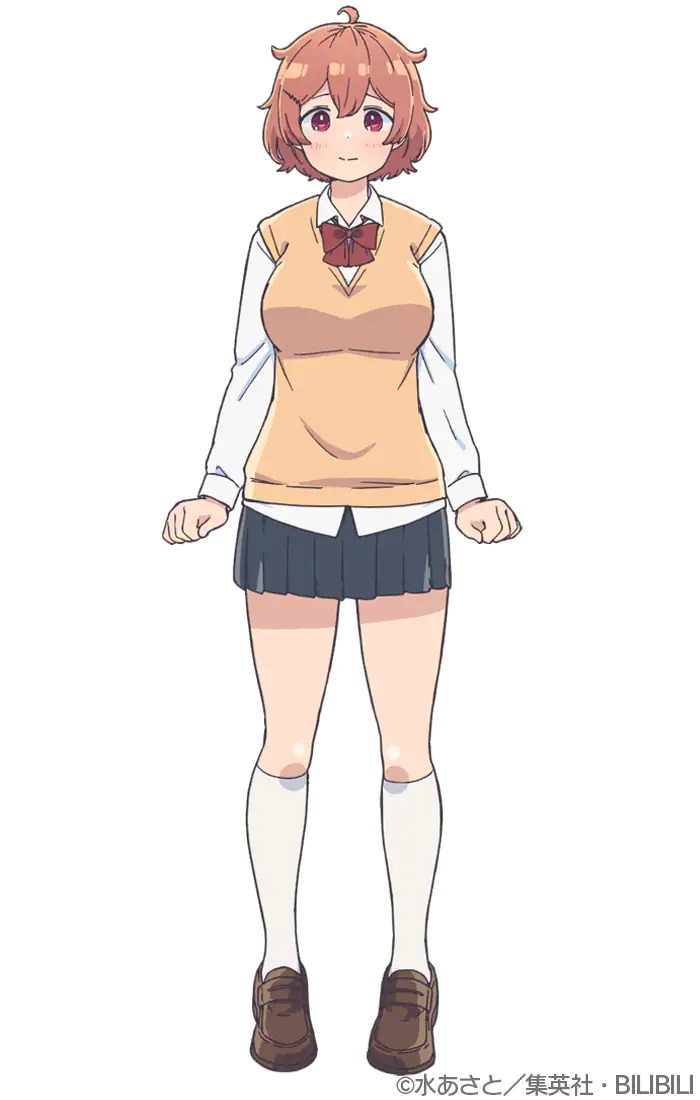 Eine Charaktereinstellung von Mitsuki Ohshiro aus dem kommenden TV-Anime Aharen-san-wa Hakarenai.  Mitsuki ist eine junge Frau mit braunen Haaren, roten Augen und einem etwas ängstlichen Ausdruck.  Sie trägt eine Schuluniform mit einer Pulloverweste.