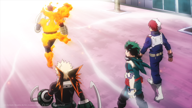 Endeavor, Deku, Bakugo, and Shoto in My Hero Academia