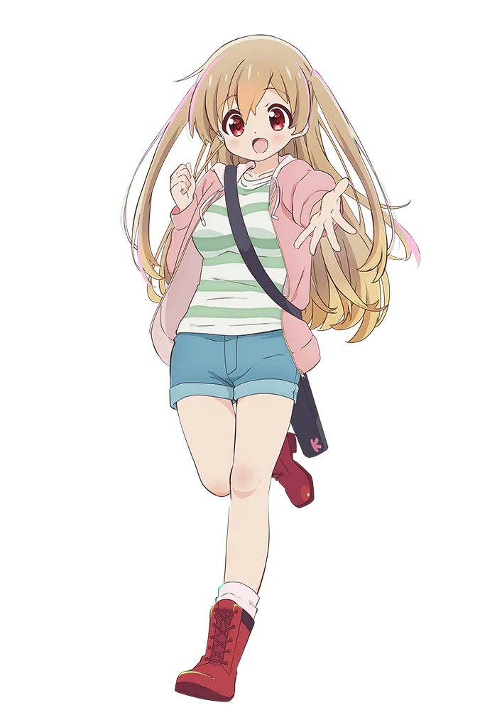 A character visual of Koharu Minagi from the upcoming Slow Loop TV anime. Koharu is a cheerful looking young girl with long light brown hair and redeyes. She wears a striped blouse, a pink jacket, jean shorts, and boots as she beckons with her left hand.