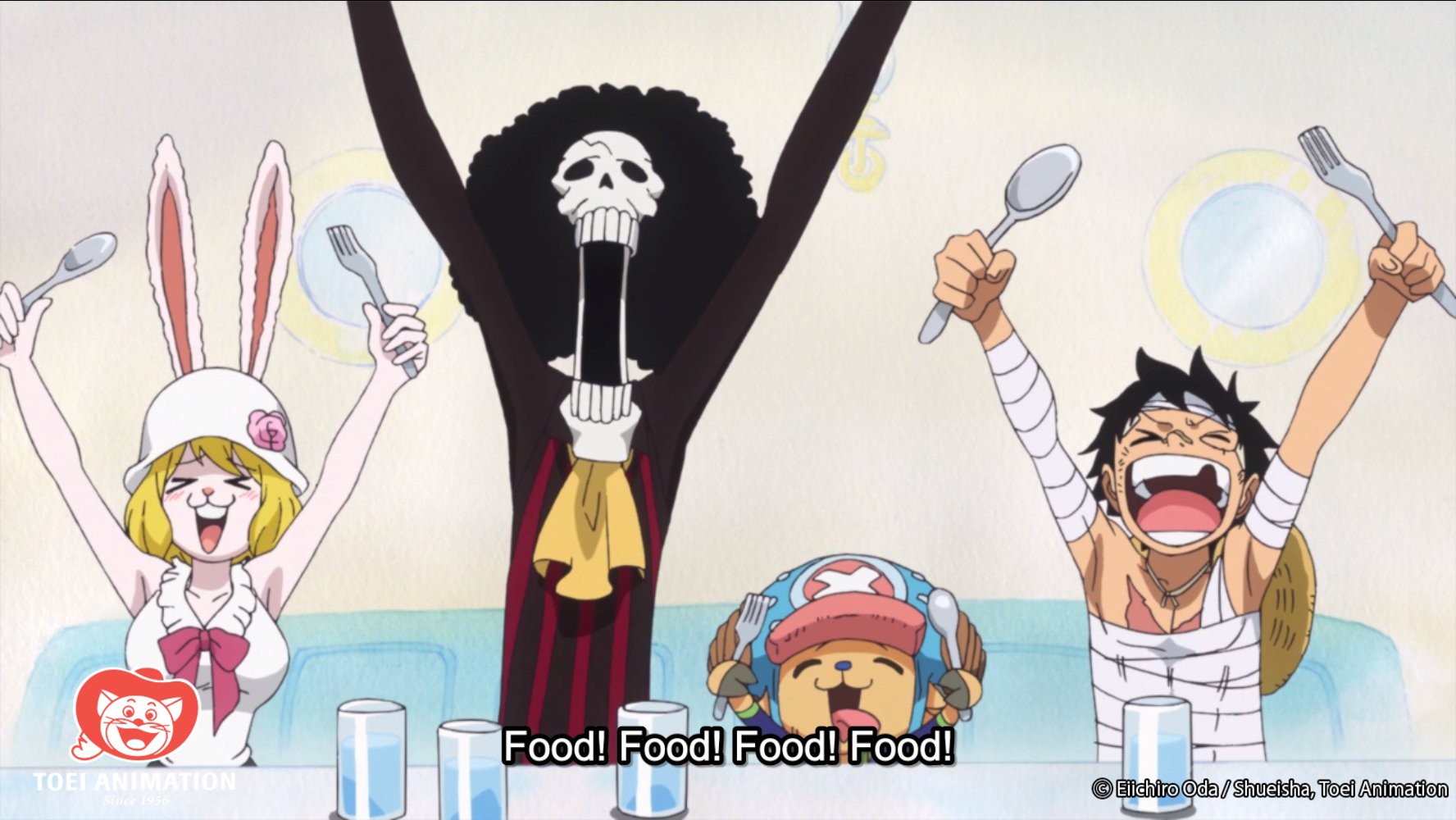 Carrot, Brook, Chopper, and Luffy clamor for Sanji's cooking in a scene from the One Piece TV anime.