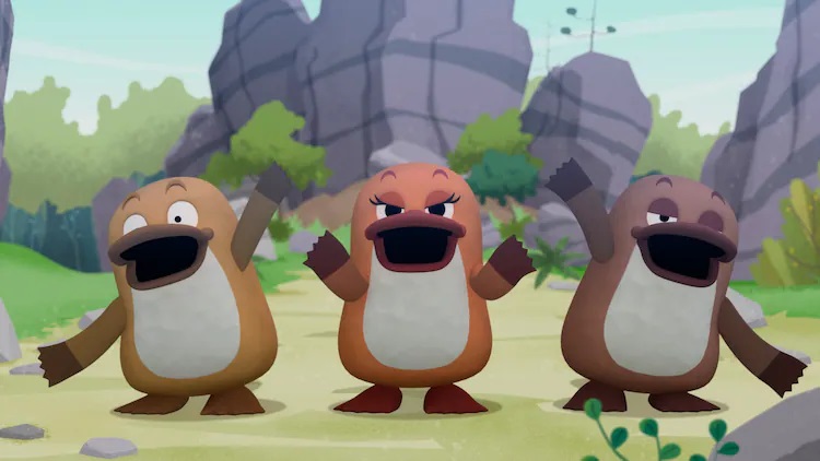 The Zannen Trio, a group of three singing platypuses, appear out of nowhere to serenade the audience in a scene from the upcoming Eiga Zannen na Ikimono Ziten theatrical anime film.