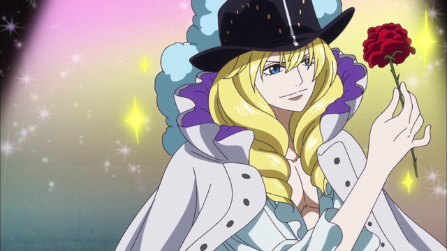 Cavendish brandishes a rose in a scene from the One Piece TV anime.