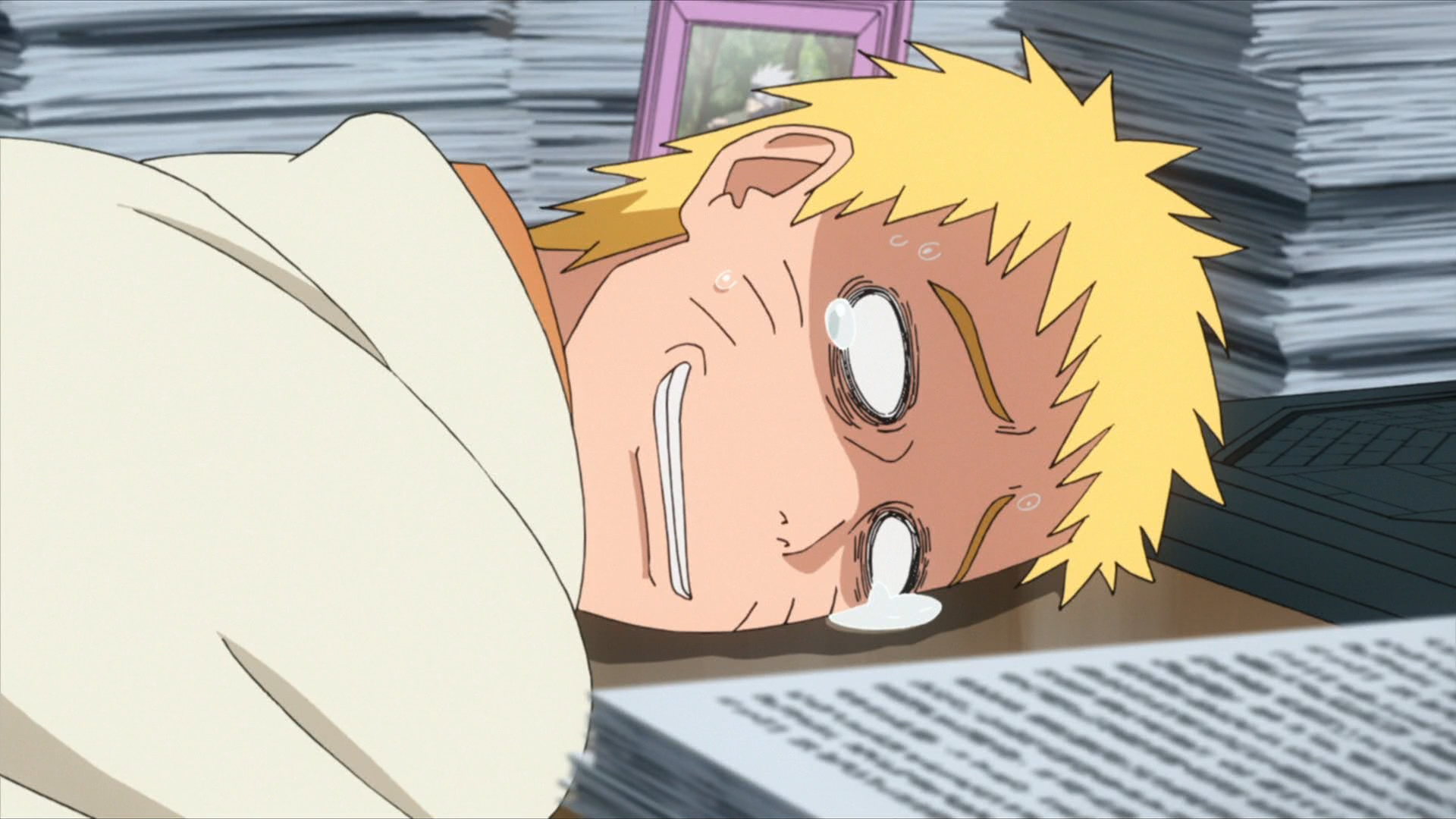 Naruto Uzumaki, the Seventh Hokage of Hidden Leaf Village, is snowed under by paperwork in a scene from Episode 66 of the BORUTO: NARUTO NEXT GENERATIONS TV anime.