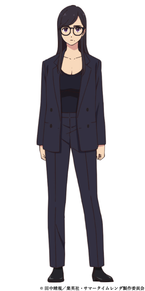 A character setting of Hizuru Minakata, a stern looking woman with long dark hair and horn rim glases dressed in a dark suit and gloves, from the upcoming Summertime Rendering TV anime.