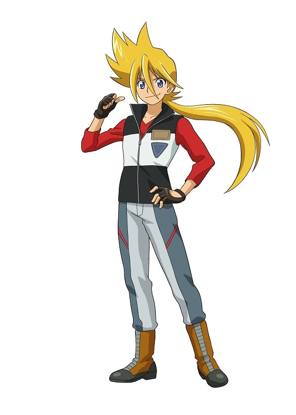 A character visual of Gou Mach, a slim young man with long blonde hair in a ponytail from the upcoming Tomica Kizuna Gattai: EARTH GRANNER TV anime.