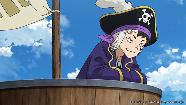 gen in a pirate hat in a crow's nest on a ship in dr. stone