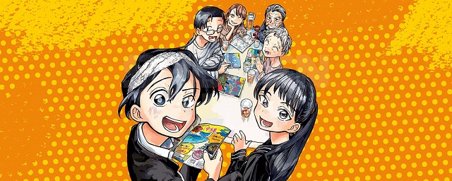 A promotional image for The Ichinose Family's Deadly Sins manga by Taizan5 featuring an illustration of the titular gathered around a table drinking tea and pouring through travel magazines. The main character, Tsubasa Ichinose, wears his school uniform and has a bandage around his head.