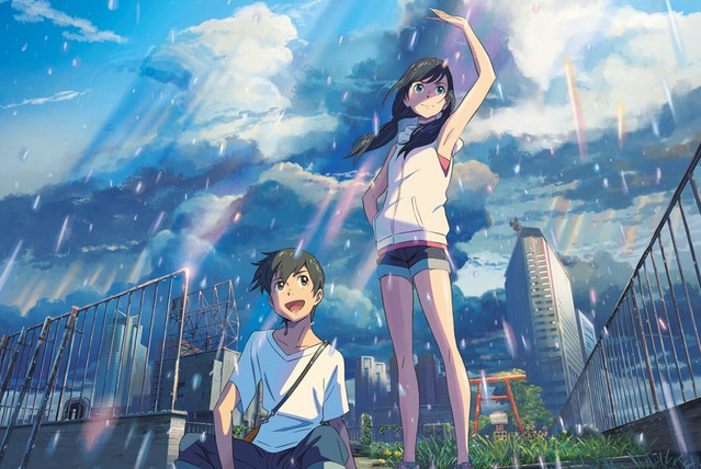 A key visual featuring Hodaka Morishima and Hina Amano, the lead characters of the Weathering With You theatrical anime film.