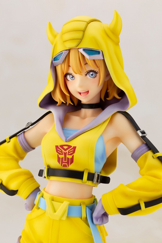 A promotional image for Kotobukiya's TRANSFORMERS Bishoujo Bumblebee figure featuring a medium close-up view of the final product