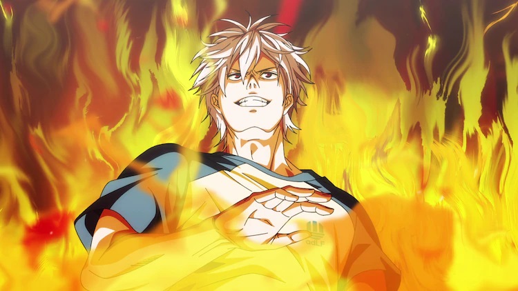 El protagonista Tatsuya Yoigoshi siente que sus instintos atléticos comienzan a arder durante un partido de práctica de kabaddi en una escena del próximo anime televisivo Burning Kabaddi.