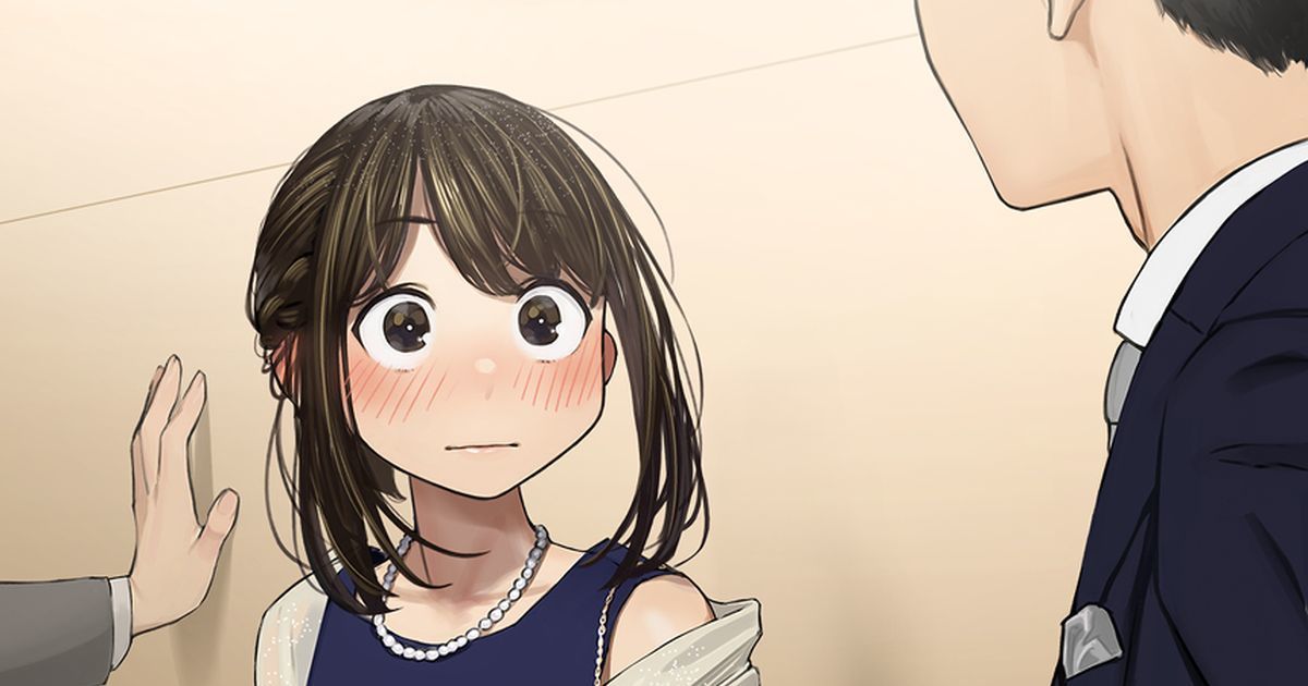 A promotional image for the Ganbare Doukichan web manga by yom, featuring the titular character dressed in formal eveningware blushing in embarrassment while encountering the object of her affection. 