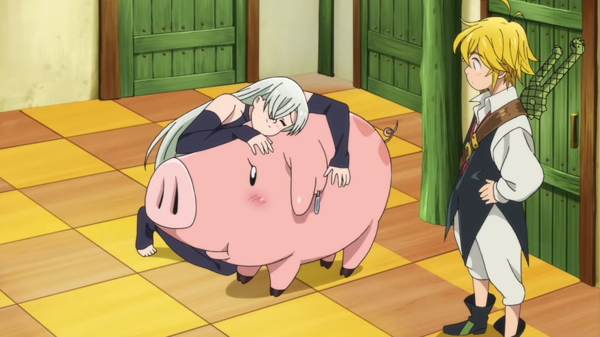 Als Meliodas beobachtet, umarmt Elizabeth Hawk – ein sprechendes Schwein – in einer Szene aus der TV-Anime-Adaption von The Seven Deadly Sins.