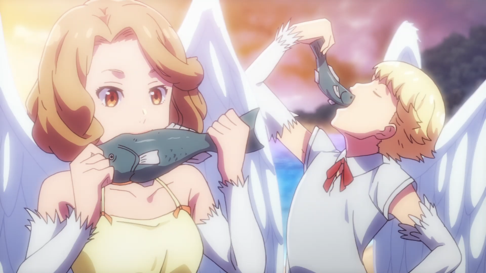 A pair of siren dine on raw fish in a scene from the Restaurant to Another World TV anime.