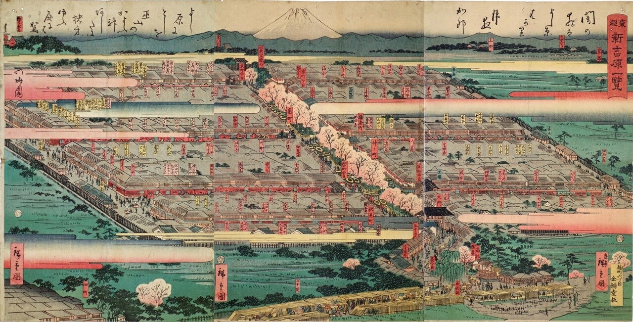 Yoshiwara in the Edo period before the advent of electricity as featured in “View of Shin-Yoshiwara in the Eastern Capital” by Hiroshige II. 