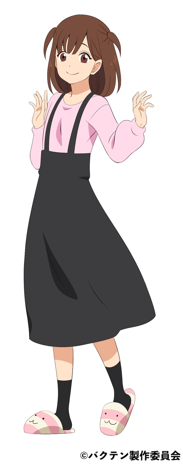 A character setting of Ayumi Futaba from the upcoming Bakuten!! TV anime. Ayumi is a second year middle school student with brown hair styled in pigtails and brown eyes. She wears a pink blouse, a black skirt, black socks, and fuzzy animal slippers.