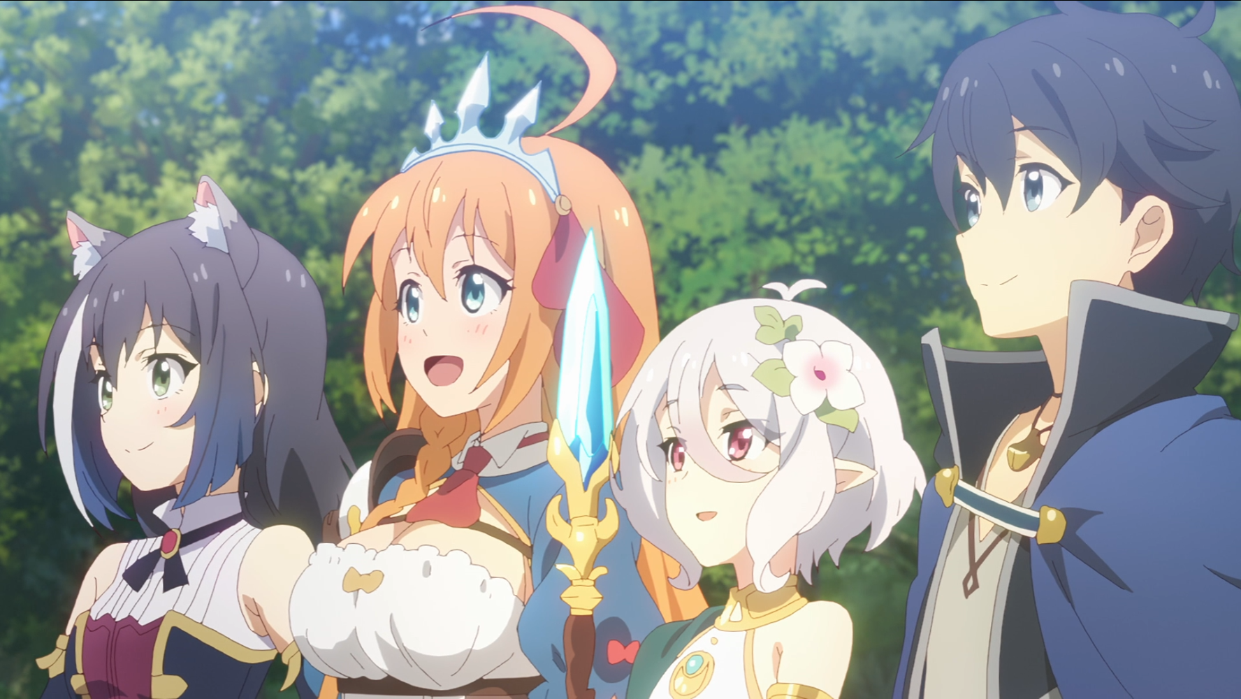 Karyl, Pecorine, Kokkoro und Yuuki - auch bekannt als Gourmet Guild - lächeln zufrieden, als sie in einer Szene aus Princess Connect das Äußere ihres neuen Gildenhauses inspizieren!  Re: Tauchen TV Anime.