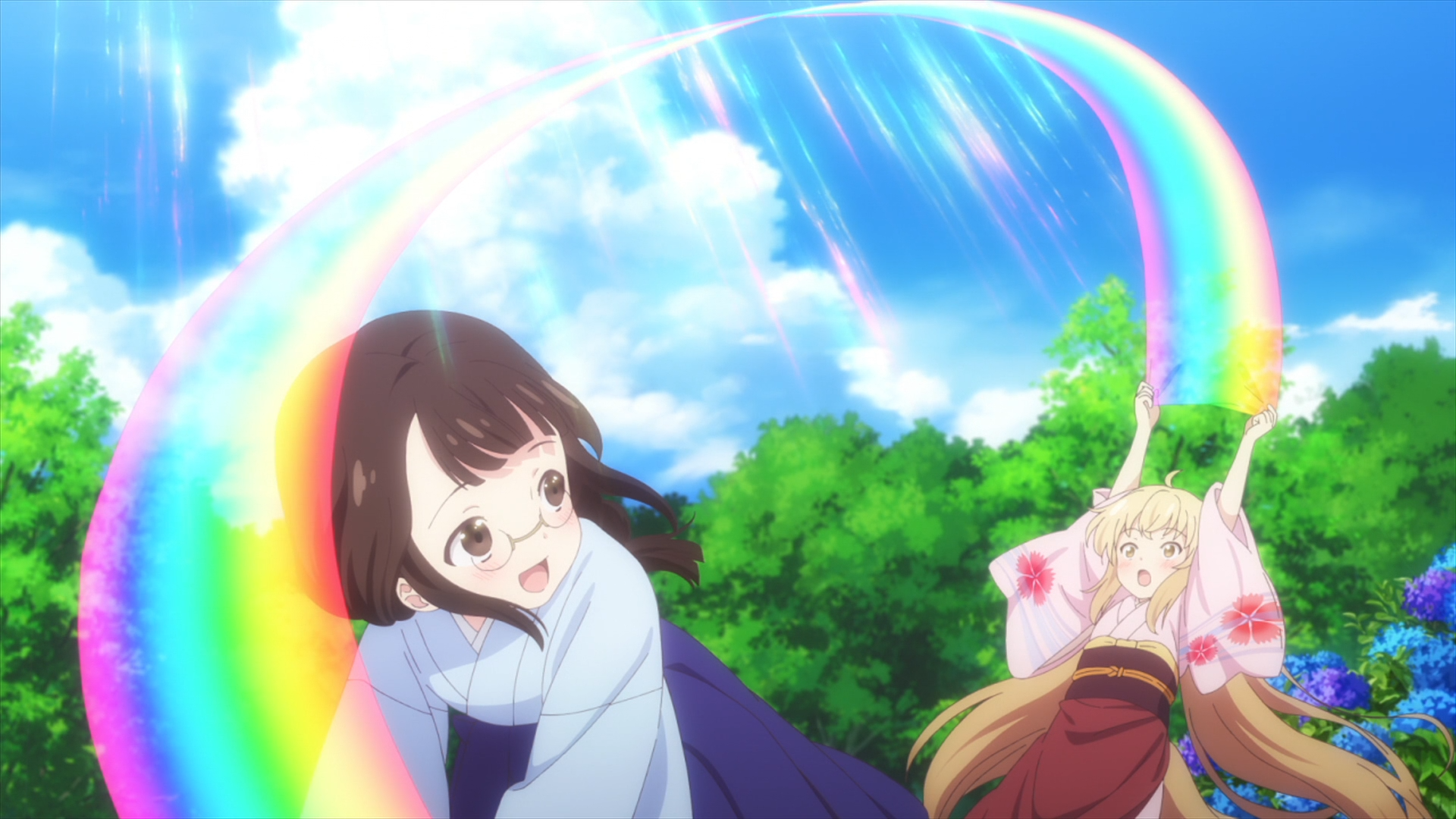 Yuzu helps a weather-spirit guest stretch out a length of rainbow in a scene from the 2017 KONOHANA KITAN TV anime.