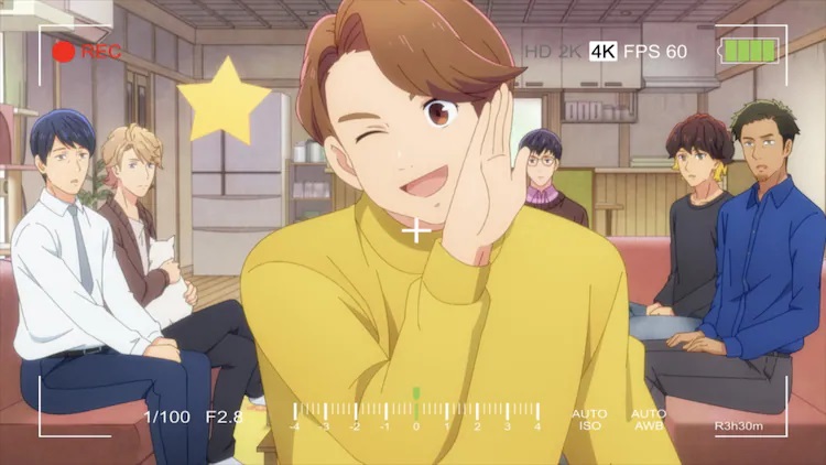 Tsuyoshi Imagawa winks at the camera while his fellow older male idols look on in bemusement in a scene from the upcoming Eikyuu Shounen: Eternal Boys TV anime.