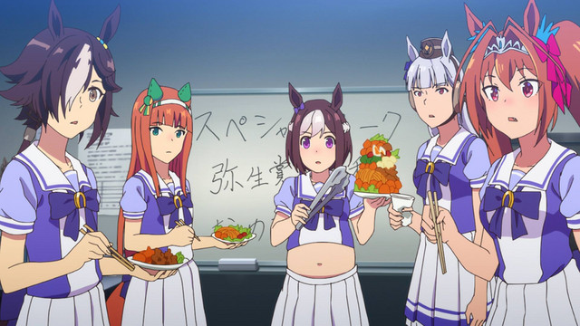 The horse girls of Team Spica enjoy a little too much food.