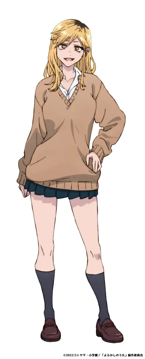 A character setting of Seri Kikyo from the upcoming Call of the Night TV anime. Seri is a female vampire with shoulder length blonde hair and yellow eyes. She dresses in a school uniform with a sweater blouse, pleated skirt, calf-high socks, and loafer shoes.
