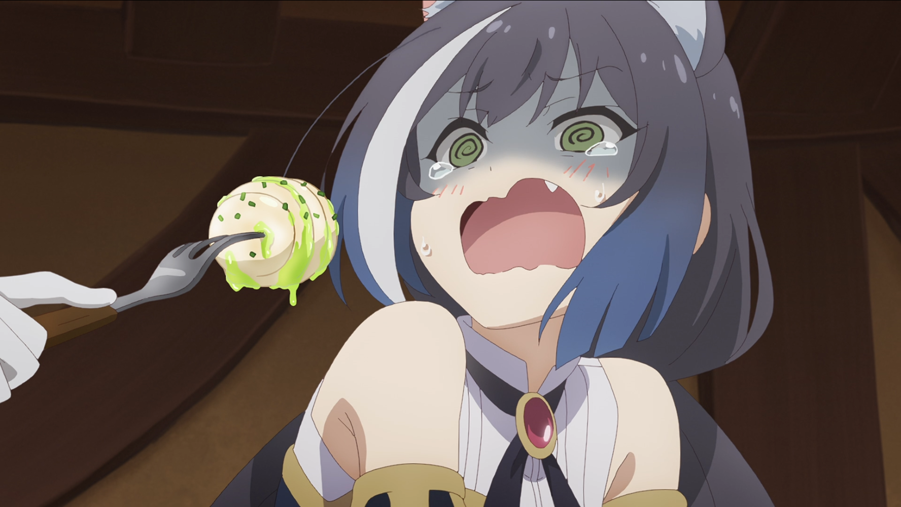 Pecorine attempts to feed a distressed Karyl an insect-based meal in a scene from the Princess Connect! Re:Dive TV anime.
