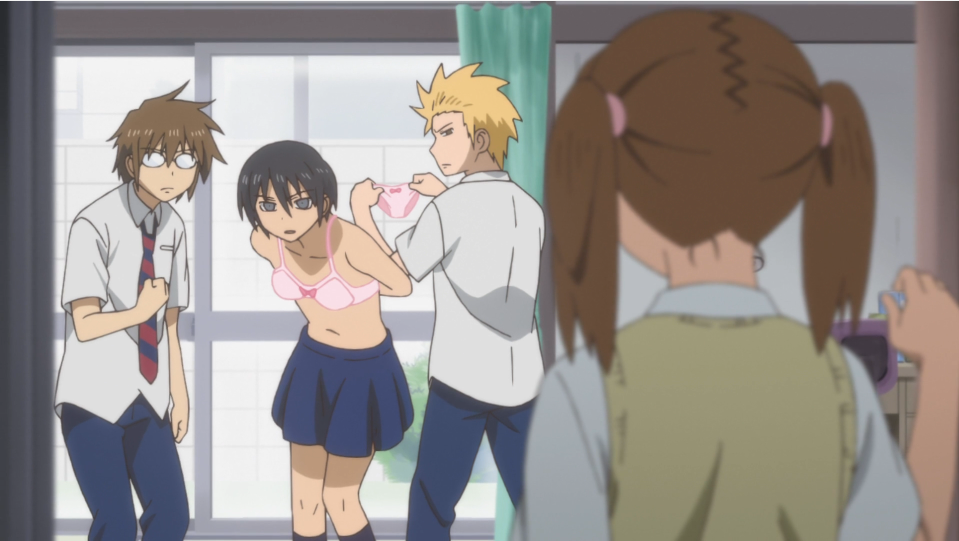 Tabata, Tadakuni, and Tanaka get busted trying on Tadakuni's sister's school uniform and other clothing in a scene from the Daily Lives of High School Boys TV anime.