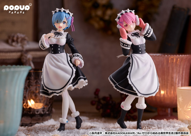A promotional image for the Pop Up Parade Rem and Ram Ice Season Clothes Ver. figures from the Re:ZERO -Starting Life in Another World- TV anime, as published by Good Smile Company.