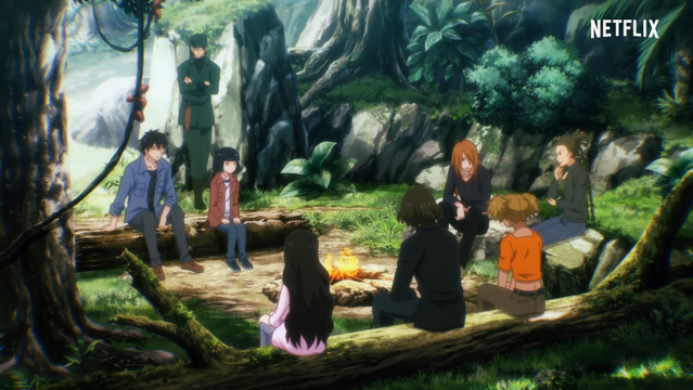A group of survivors gathers around a campfire in the 7SEEDS Netflix Original Anime.