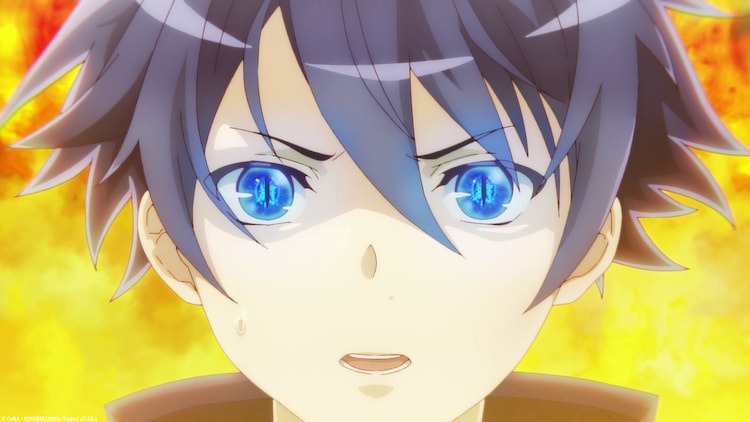 Surrounded by towering flames, protagonist Yukito Yanagi's eyes glow blue with a supernatural determination in a scene from the upcoming AYAKA TV anime.