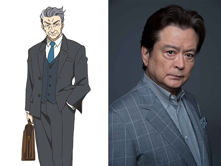 A character setting of Professor Rokujo as well as a headshot of his corresponding voice actor, Shinya Ohwada. Professor Rokujo is a slender, elderly man with a sinister expression and his gray hair slicked back. He wears a three piece dark gray business suit with a light blue tie and carries a brown attache case in his right hand. His left hand is stuff in his pocket..